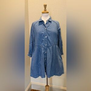 Free People Hannah Light Wash Denim Mini Long Sleeve A-Line Dress XS